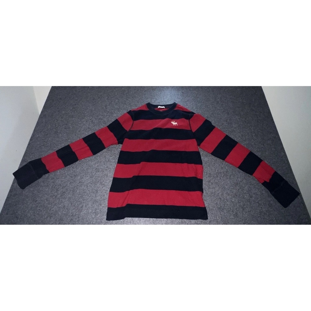 Abercrombie Kids Red Navy Blue Striped Long Sleeve Sweater Moose Logo Size L